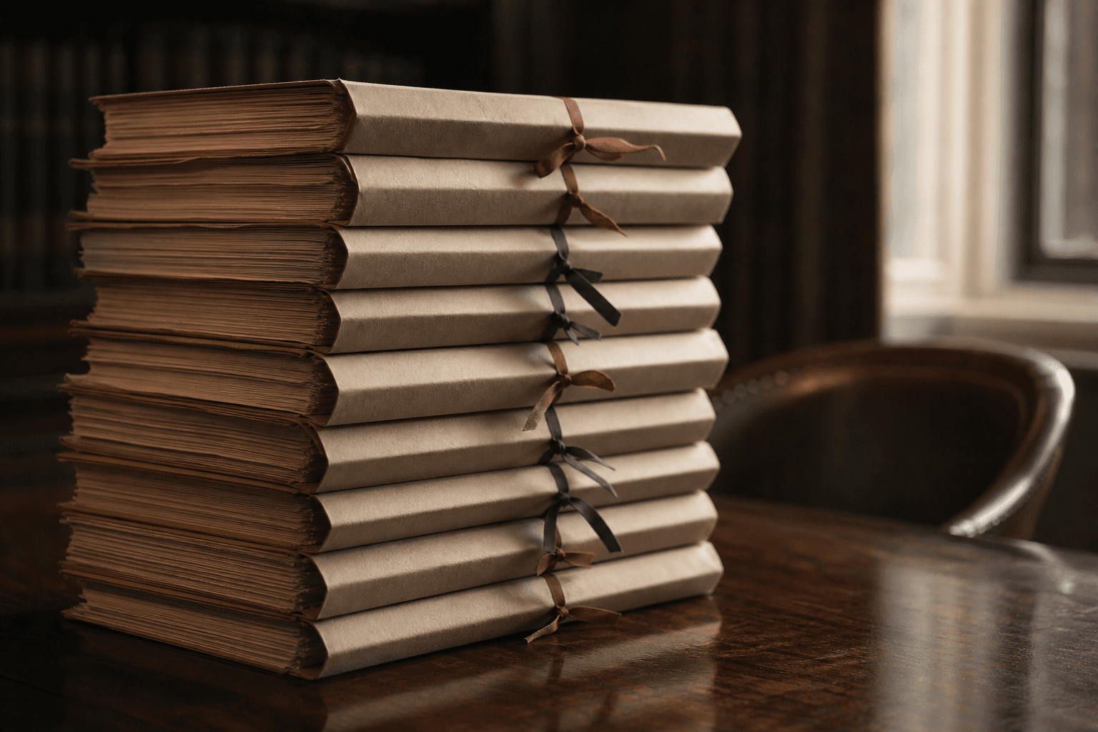 Tall stack of bound legal case files tied with coloured ribbons on a polished mahogany table