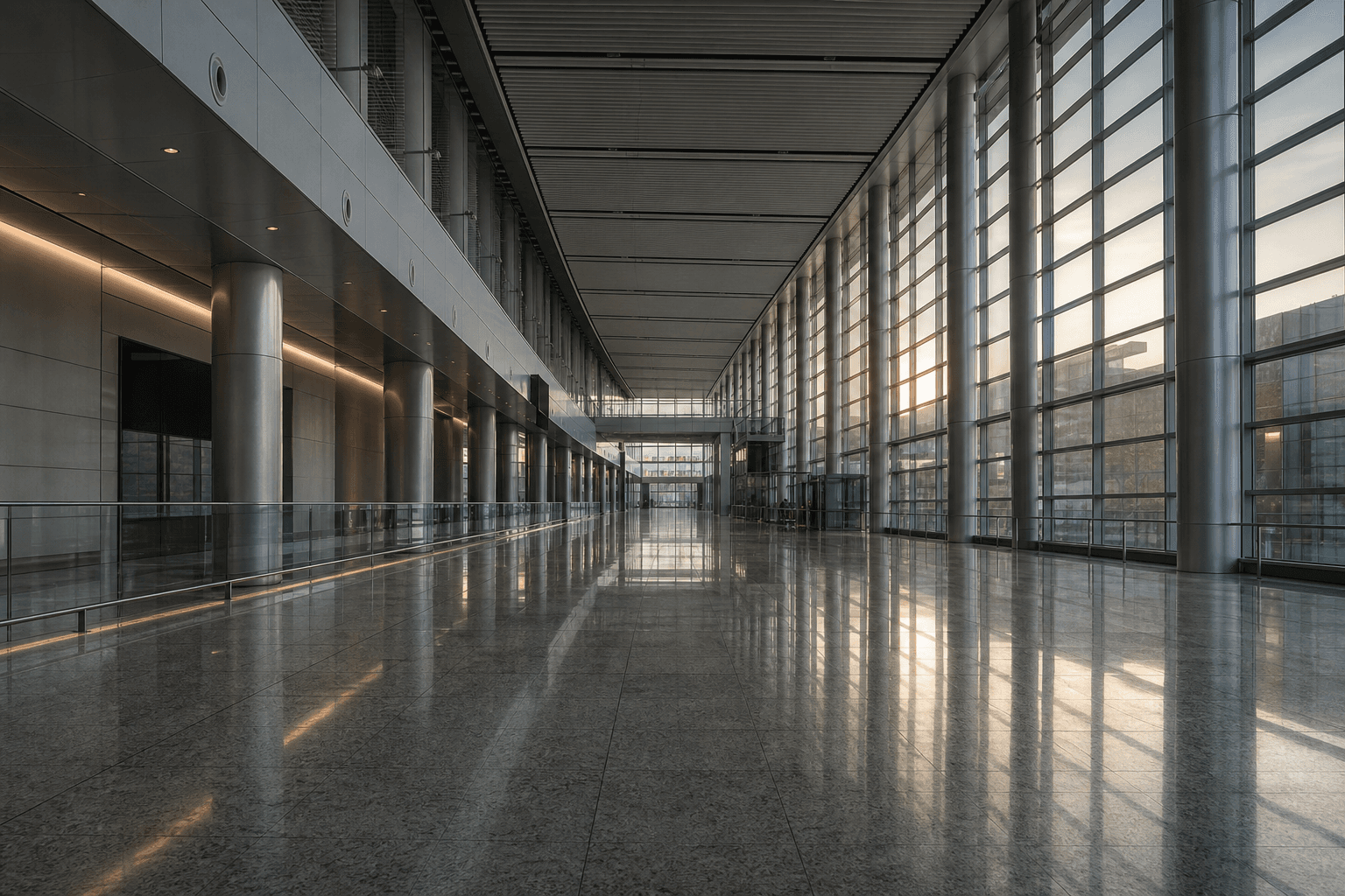Empty arrivals concourse of a modern airport terminal in cool morning light