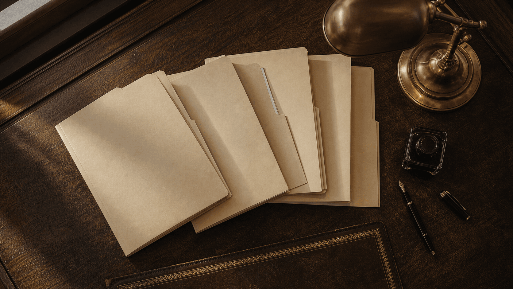 Overhead still-life of manila case folders fanned across a walnut desk under warm brass lamp light